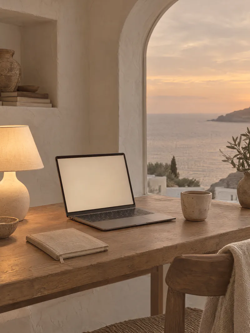 An atelier desk at dusk with a glowing laptop and a lamp by an arched window