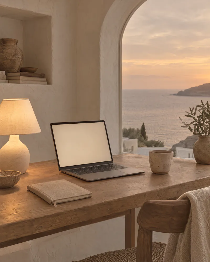 An atelier desk at dusk with a glowing laptop and a lamp by an arched window