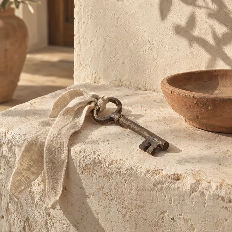 An old iron key tied with a linen ribbon on a limestone ledge