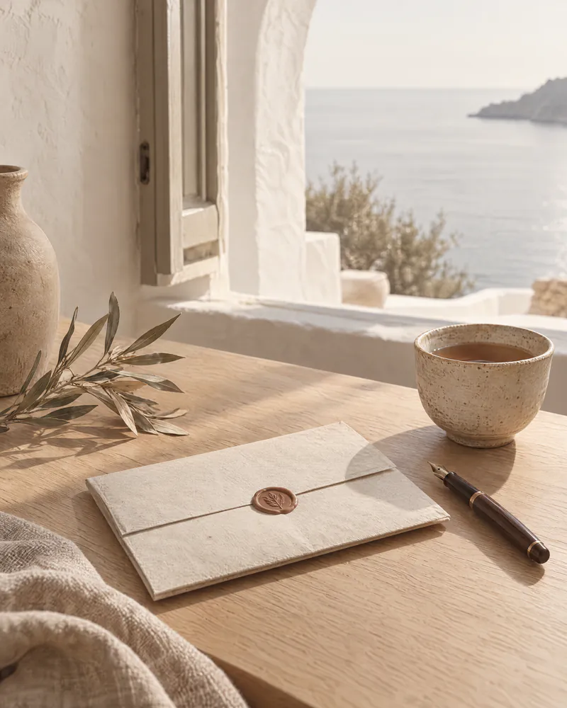 A sealed letter, a fountain pen and a cup of tea on a writing desk by the sea