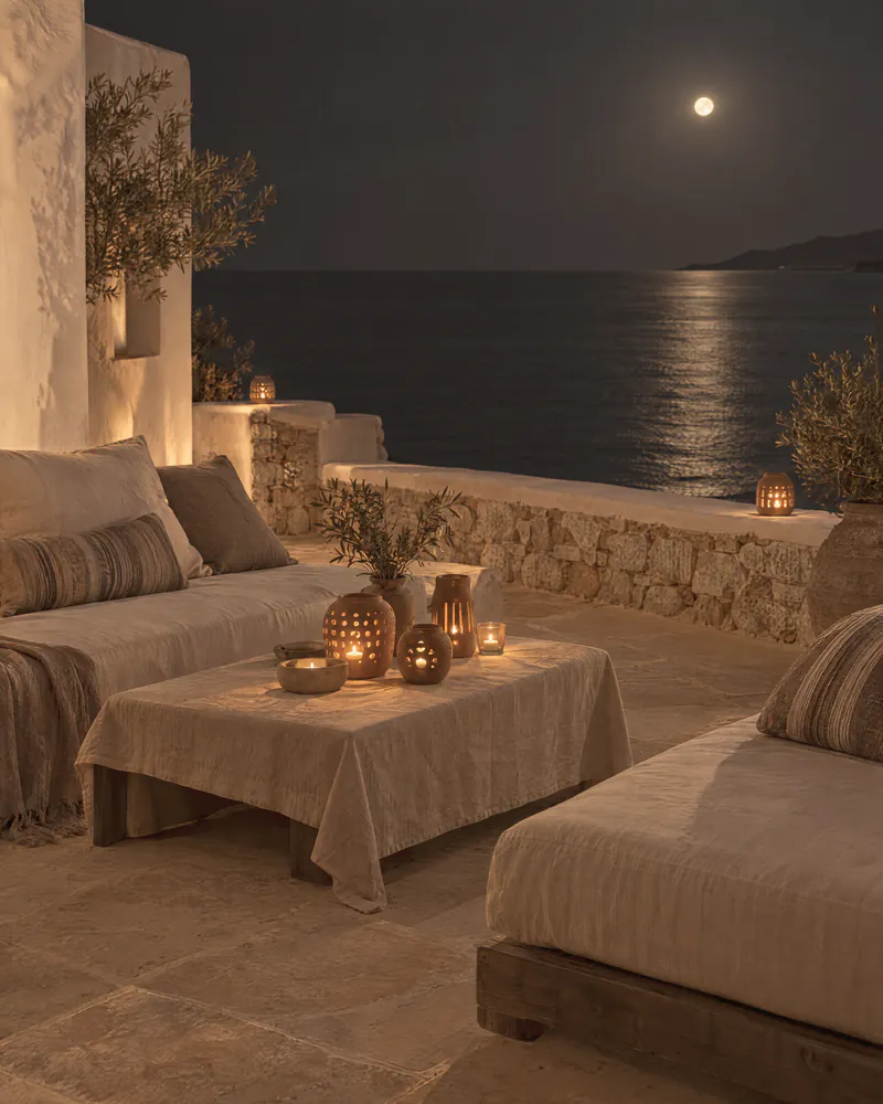 A villa terrace at night with candles, lanterns and linen daybeds by the sea