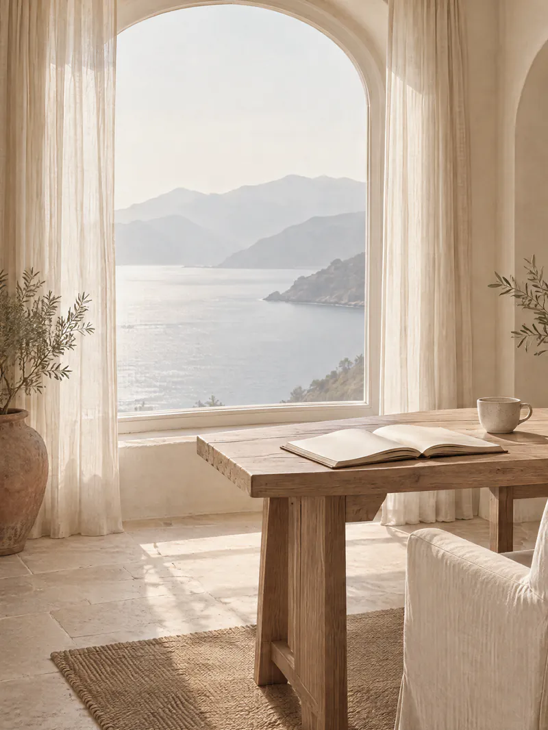 A sunlit reading corner by an arched window over the sea