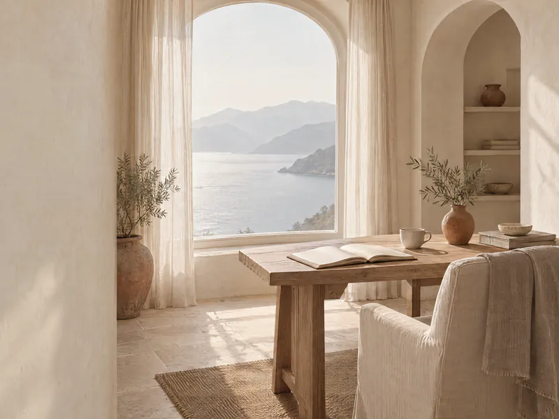 A sunlit reading corner by an arched window over the sea