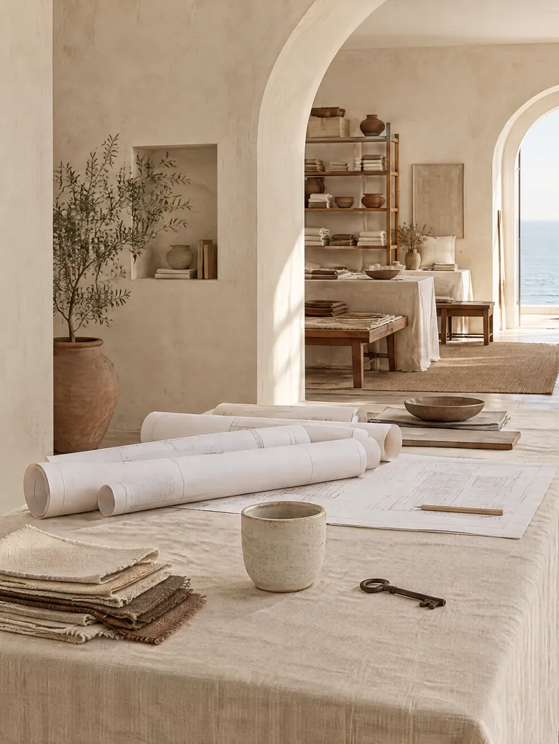 A linen-covered worktable with rolled floor plans in a bright arched room