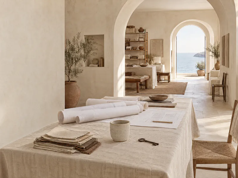 A linen-covered worktable with rolled floor plans in a bright arched room