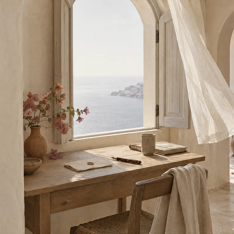A writing desk by an open window over the sea