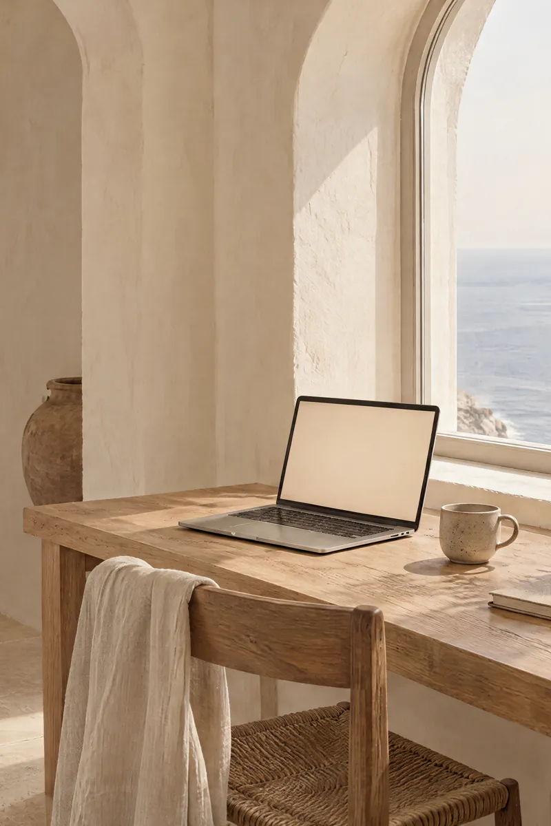 A sunlit desk nook with an open laptop under an arched window
