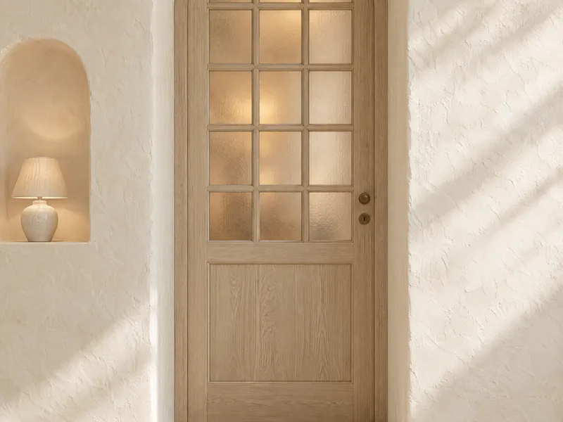 An arched oak door with frosted glass panes glowing from the room behind