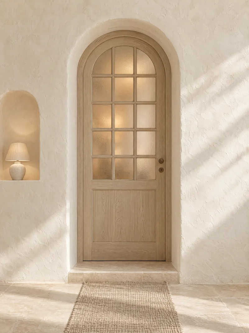 An arched oak door with frosted glass panes glowing from the room behind