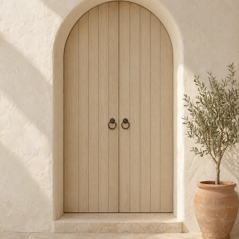 An arched oak door in a sunlit plaster wall