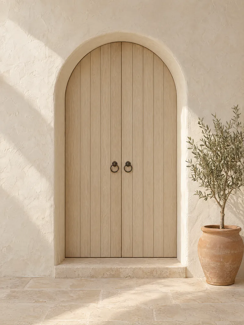 An arched pale oak double door in a sunlit plaster wall, an olive tree beside it