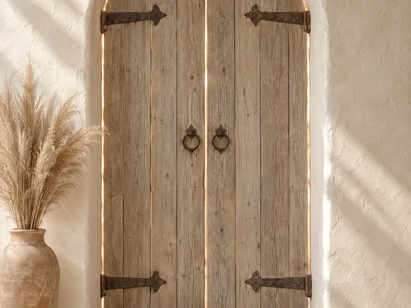 An arched weathered driftwood double door with sunset light at its seams
