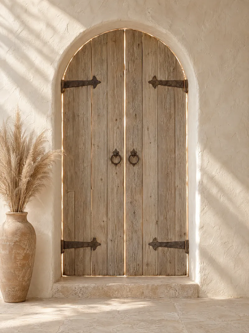 An arched weathered driftwood double door with sunset light at its seams