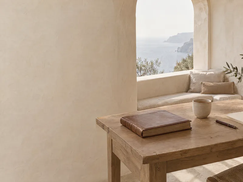 A calm writing desk with a leather ledger under an arched window