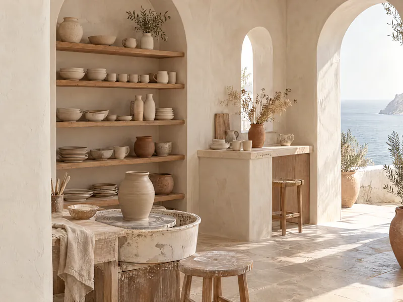 A pottery and coffee studio with open shelves of cream ceramics