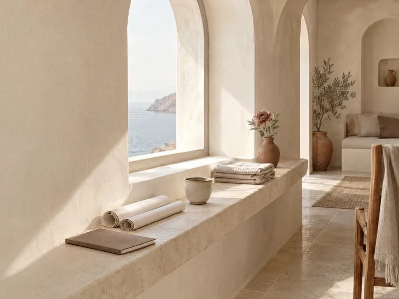 A limestone window seat with a notebook and rolled plans under an arched window