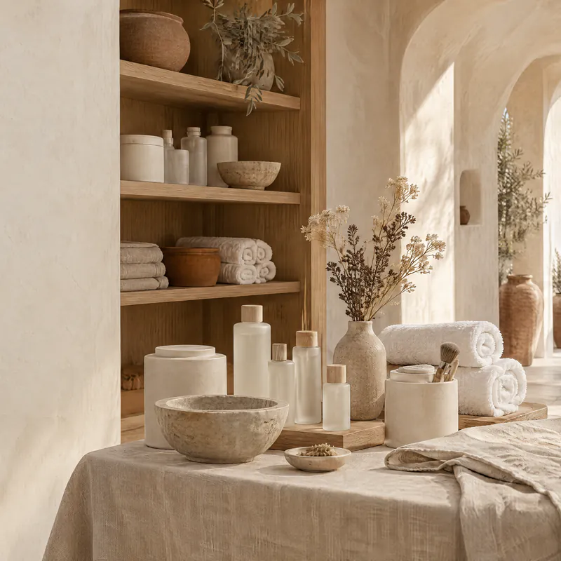 An oak shelf and a linen table of cream ceramic jars and frosted bottles