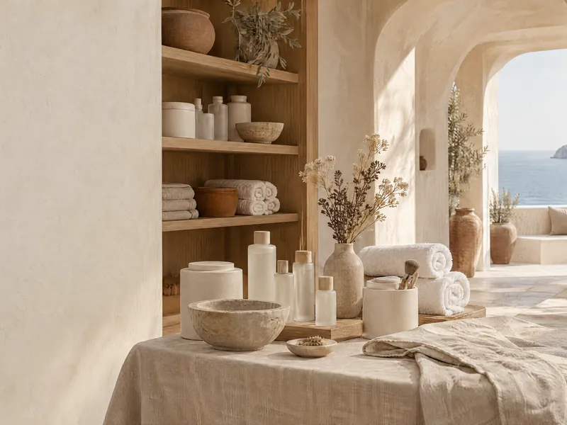 An oak shelf and a linen table of cream ceramic jars and frosted bottles