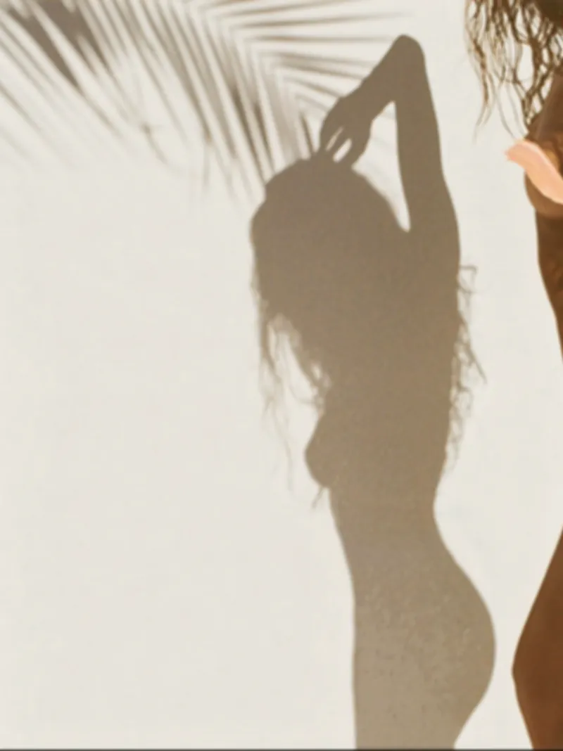 A woman's silhouette in warm sun with palm-leaf shadows