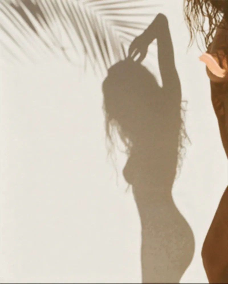 A woman's silhouette in warm sunlight with palm-leaf shadows on a linen wall